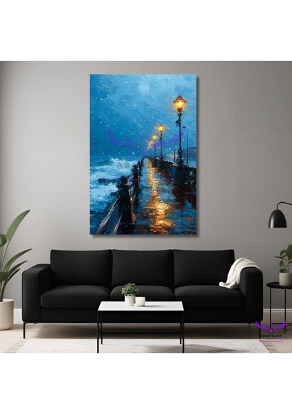 Tekli Dikey Kanvas Modern Duvar Tablosu Deniz Kenarı ve Sokak Lambaları