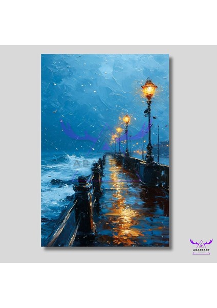 Tekli Dikey Kanvas Modern Duvar Tablosu Deniz Kenarı ve Sokak Lambaları fiyatları