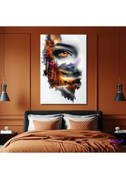 Tekli Dikey Kanvas Modern Salon Tablosu Turuncu Gözlü Kadın Silüeti ve Manzara