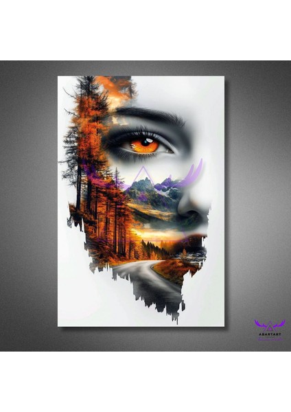 Tekli Dikey Kanvas Modern Salon Tablosu Turuncu Gözlü Kadın Silüeti ve Manzara fiyatları