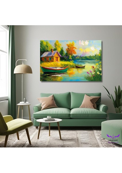 Tekli Yatay Kanvas Yağlı Boya Görünümlü Ahşap Ev ve Kayıklar