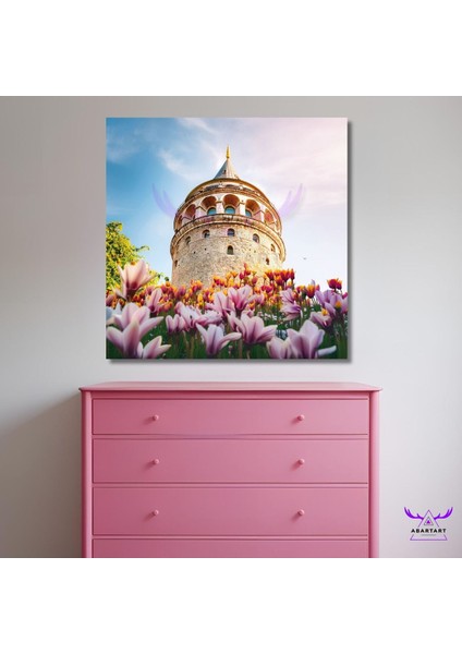 Tekli Kare Kanvas Modern Salon Tablosu Renkli Çiçekler Içerisinde Galata Kulesi Manzarası