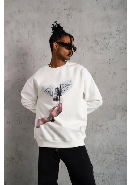 Erkek Güvercin Baskılı Sweatshirt - Beyaz fiyatları