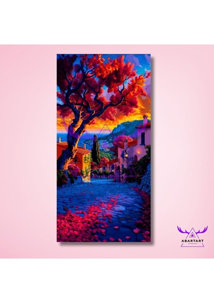 Tekli Panoramik Dikey Kanvas Canlı Renkli Büyük Ağaç ve Ege Sahil Kasabası fiyatları