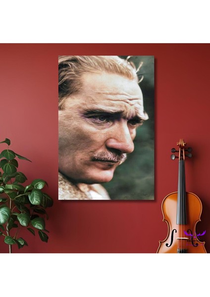 Tekli Dikey Kanvas Duvar Tablosu Yakın Çekim Yan Profil Atatürk Portresi