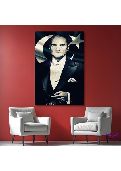 Tekli Dikey Kanvas Ofis Tablosu Siyah Beyaz Ay Yıldızlı Atatürk Portresi