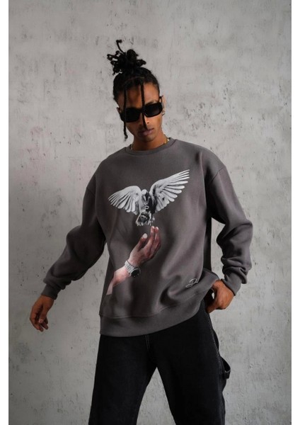 Erkek Güvercin Baskılı Sweatshirt - Gri modelleri