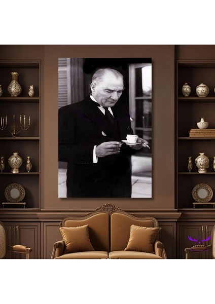 Tekli Dikey Kanvas Duvar Tablosu Kahve Içen Atatürk