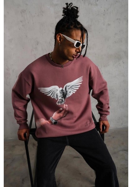 Erkek Güvercin Baskılı Sweatshirt - Gül Kurusu fiyatları