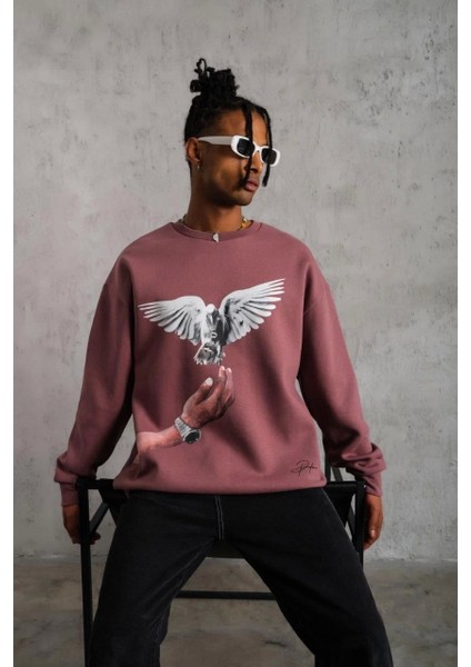 Erkek Güvercin Baskılı Sweatshirt - Gül Kurusu indirimleri