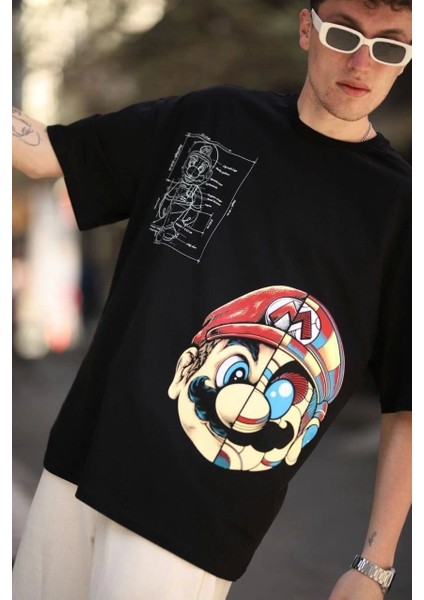 Erkek Mario Baskılı Oversize T-Shirt - Siyah modelleri