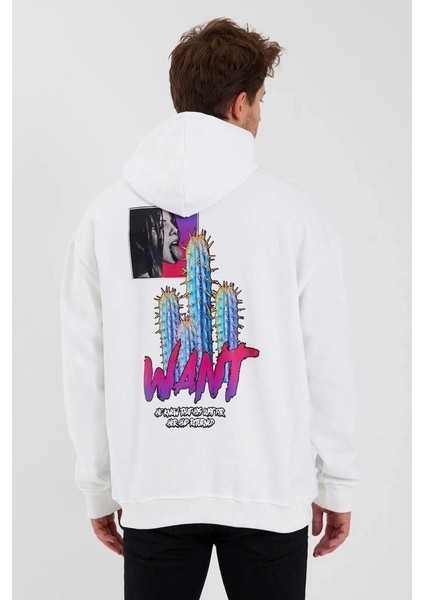 Erkek Baskılı Üç Iplik Kapüşonlu Oversize Sweatshirt - Beyaz fiyatları