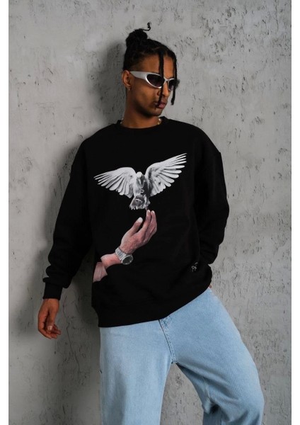 Erkek Güvercin Baskılı Sweatshirt - Siyah indirimleri