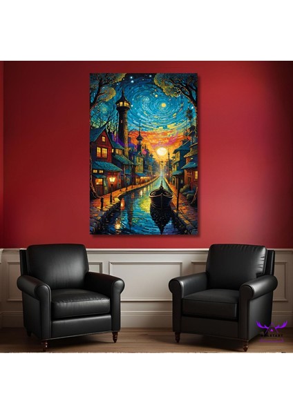 Tekli Dikey Kanvas Modern Duvar Tablosu Van Gogh Tarzı Yıldızlı Gece