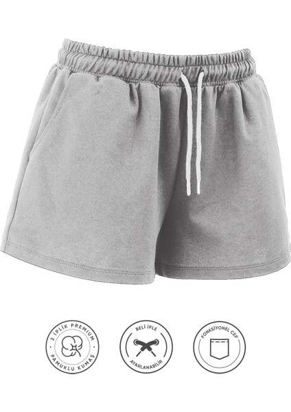 Kadın Pamuklu Gri Beli Ipli Şort Günlük Basic Regular Fit Cepli Normal Bel Rahat Kesim 2 Iplik Ev Şortu fiyatları