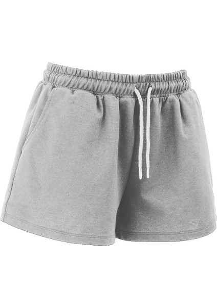 Kadın Pamuklu Gri Beli Ipli Şort Günlük Basic Regular Fit Cepli Normal Bel Rahat Kesim 2 Iplik Ev Şortu