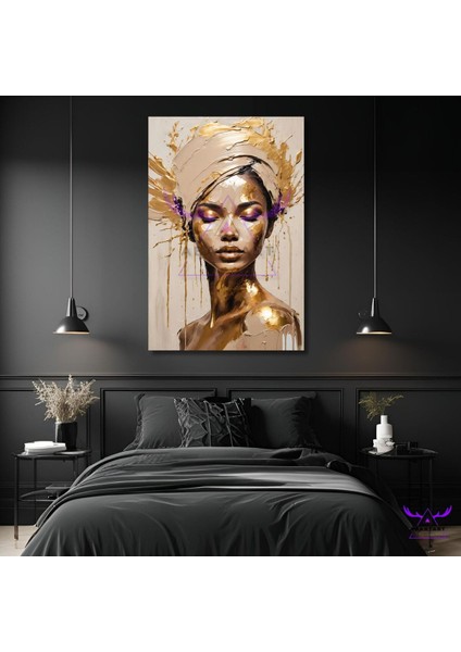 Tekli Dikey Kanvas Yağlı Boya Görünümlü Modern Salon Tablosu Gold Renkli Gözleri Kapalı Kadın