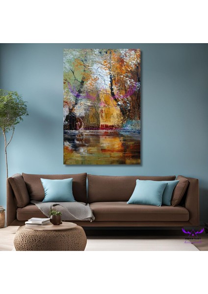 Tekli Dikey Kanvas Şık Duvar Tablosu Soyut Çok Renkli Göl Kenarı ve Orman