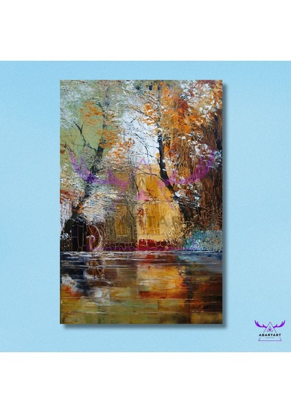 Tekli Dikey Kanvas Şık Duvar Tablosu Soyut Çok Renkli Göl Kenarı ve Orman fiyatları
