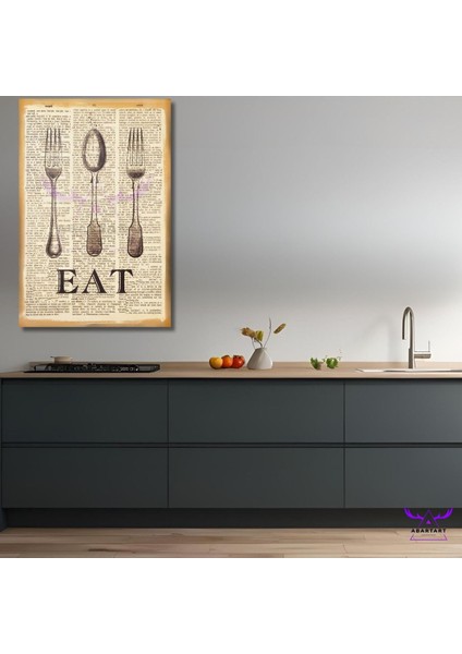 Tekli Dikey Kanvas Modern Mutfak Tablosu Çatal Kaşık Eat Yazısı