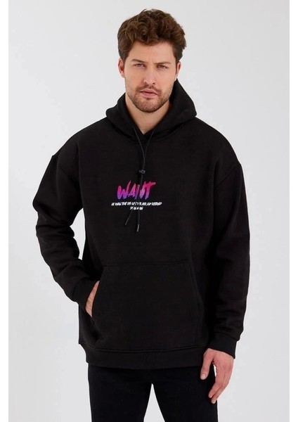 Erkek Baskılı Üç Iplik Kapüşonlu Oversize Sweatshirt - Siyah fiyatları
