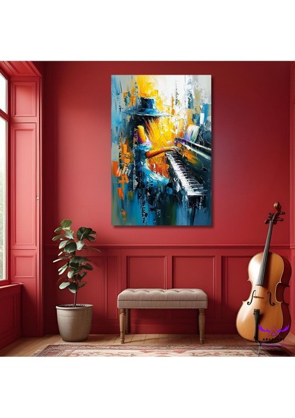 Tekli Dikey Kanvas Yağlı Boya Görünümlü Çok Renkli Piyano Çalan Fötr Şapkalı Kız Tablosu