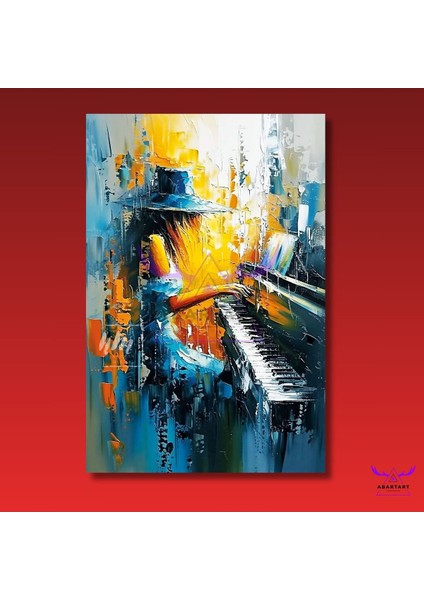 Tekli Dikey Kanvas Yağlı Boya Görünümlü Çok Renkli Piyano Çalan Fötr Şapkalı Kız Tablosu fiyatları