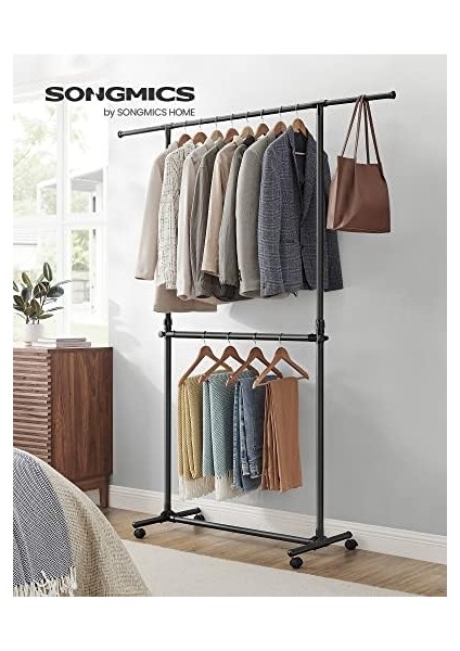 2 Elbise Askısı, Uzatılabilir Gardırop Askısı, Tekerlekli Gardırop Askısı, Yüksekliği 113 Ila 180 cm Arasında Yüksekliği Ayarlanabilir, Alt Çubuk Ayarlanabilir, Siyah LLR401B01 fiyatları