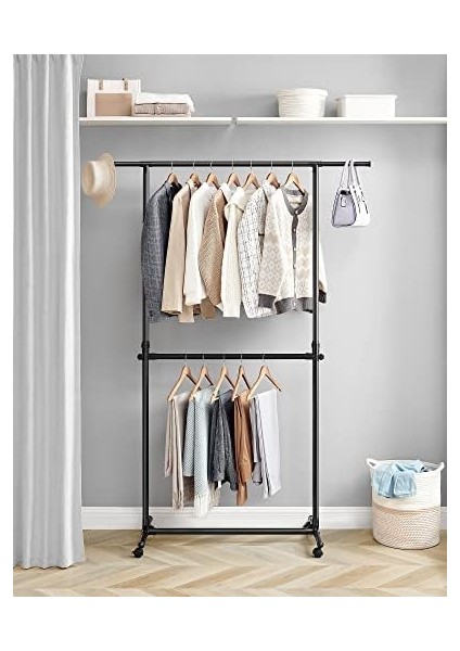 2 Elbise Askısı, Uzatılabilir Gardırop Askısı, Tekerlekli Gardırop Askısı, Yüksekliği 113 Ila 180 cm Arasında Yüksekliği Ayarlanabilir, Alt Çubuk Ayarlanabilir, Siyah LLR401B01 modelleri