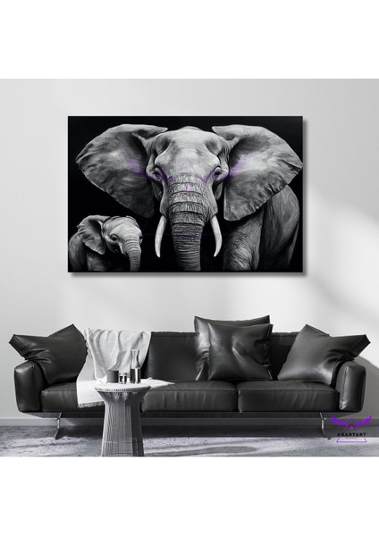 Tekli Yatay Kanvas Modern Duvar Tablosu Baba Fil ve Yavru Fil