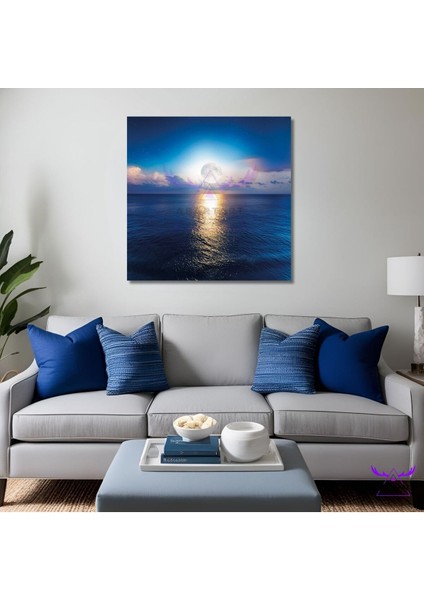 Tekli Kare Kanvas Modern Duvar Tablosu Denize Yansıya Ay Tasarımı
