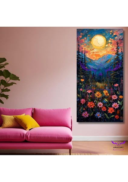 Tekli Panoramik Dikey Kanvas Yağlı Boya Görünümlü Renkli Papatyalar ve Güneş