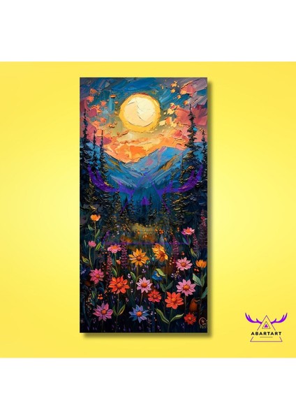 Tekli Panoramik Dikey Kanvas Yağlı Boya Görünümlü Renkli Papatyalar ve Güneş fiyatları