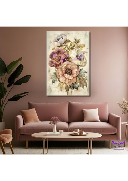Tekli Dikey Kanvas Şık Salon Tablosu Soft Renkli Büyük Çiçekler