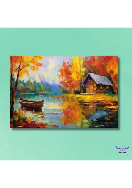 Tekli Yatay Kanvas Yağlı Boya Görünümlü Sonbahar Temalı Ahşap Ev ve Kayık fiyatları