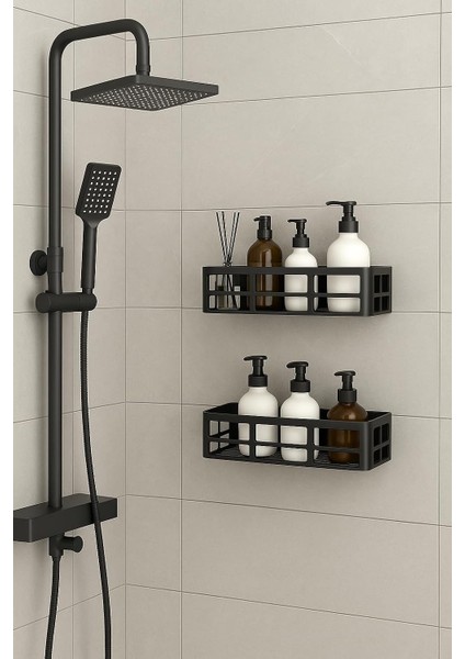 Duş Rafı - Paslanmaz Banyo Şampuanlık Organizer | Delmeden Montaj | Geniş Kapasiteli Duş Organizeri | Siyah Metal Raf - Banyo Mutfak Uyumlu