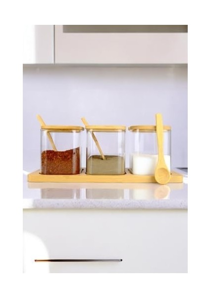 3 Lü Borosilikat Ince Cam ve Ahşap Standlı Baharatlık Kavanoz Takımı Seti Kahverengi - F/3 C1-1-289 fiyatları