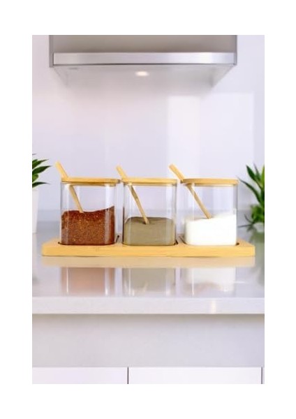 3 Lü Borosilikat Ince Cam ve Ahşap Standlı Baharatlık Kavanoz Takımı Seti Kahverengi - F/3 C1-1-289 modelleri
