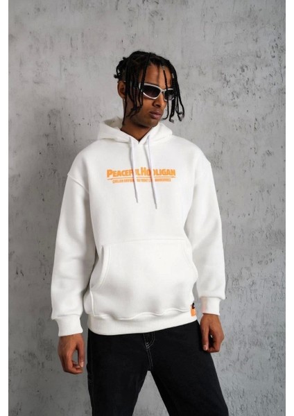 Erkek Armalı Baskılı Kapüşonlu Sweatshirt - Beyaz fiyatları
