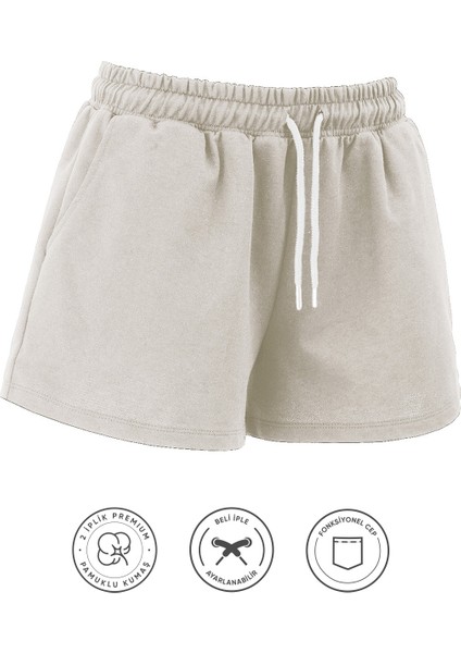 Kadın Pamuklu Ekru Beli Ipli Şort Günlük Basic Regular Fit Cepli Normal Bel Rahat Kesim 2 Iplik Ev Şortu fiyatları