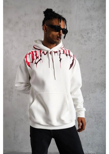 Erkek Ön ve Arka Baskılı Kapüşonlu 3 Iplik Sweatshirt - Beyaz