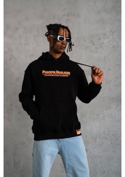 Erkek Armalı Baskılı Kapüşonlu Sweatshirt - Siyah fiyatları
