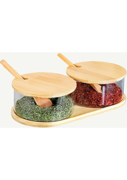 Baharatlık Seti, 2'li, Ahşap Kapaklı ve Kaşıklı, 280 Ml, Bambu Tepsili