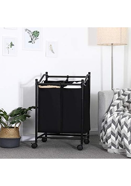 Çamaşır Ayırıcı, Tekerlekli ve 2 Bölmeli, Çamaşır Sepeti, Çıkarılabilir Çantalı Çamaşır Arabası, Toplam Kapasite 90 L, Siyah, LSF002BK fiyatları