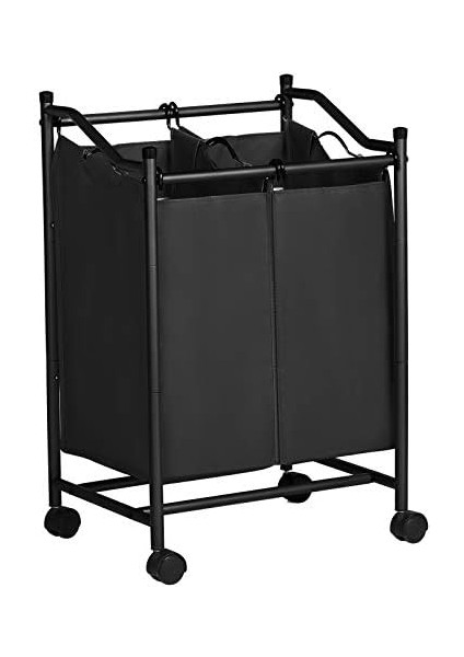 Çamaşır Ayırıcı, Tekerlekli ve 2 Bölmeli, Çamaşır Sepeti, Çıkarılabilir Çantalı Çamaşır Arabası, Toplam Kapasite 90 L, Siyah, LSF002BK modelleri