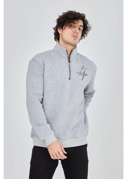 Erkek Yarım Fermuarlı Baskılı Sweat - Gri modelleri