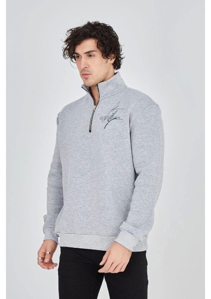 Erkek Yarım Fermuarlı Baskılı Sweat - Gri fırsatları