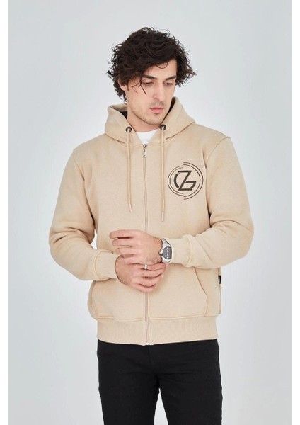 Erkek Kapüşonlu Baskılı Fermuarlı Hırka - Bej modelleri