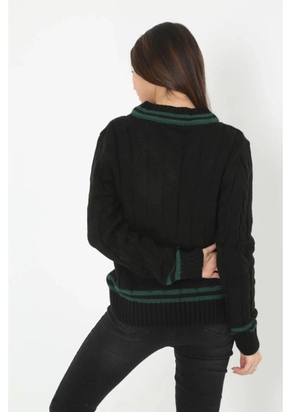 Kadın V Yaka Örgülü Kazak - Siyah modelleri