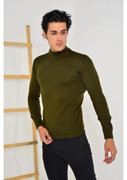 Erkek Tam Balıkçı Yaka Düz Renk Kazak - Yeşil